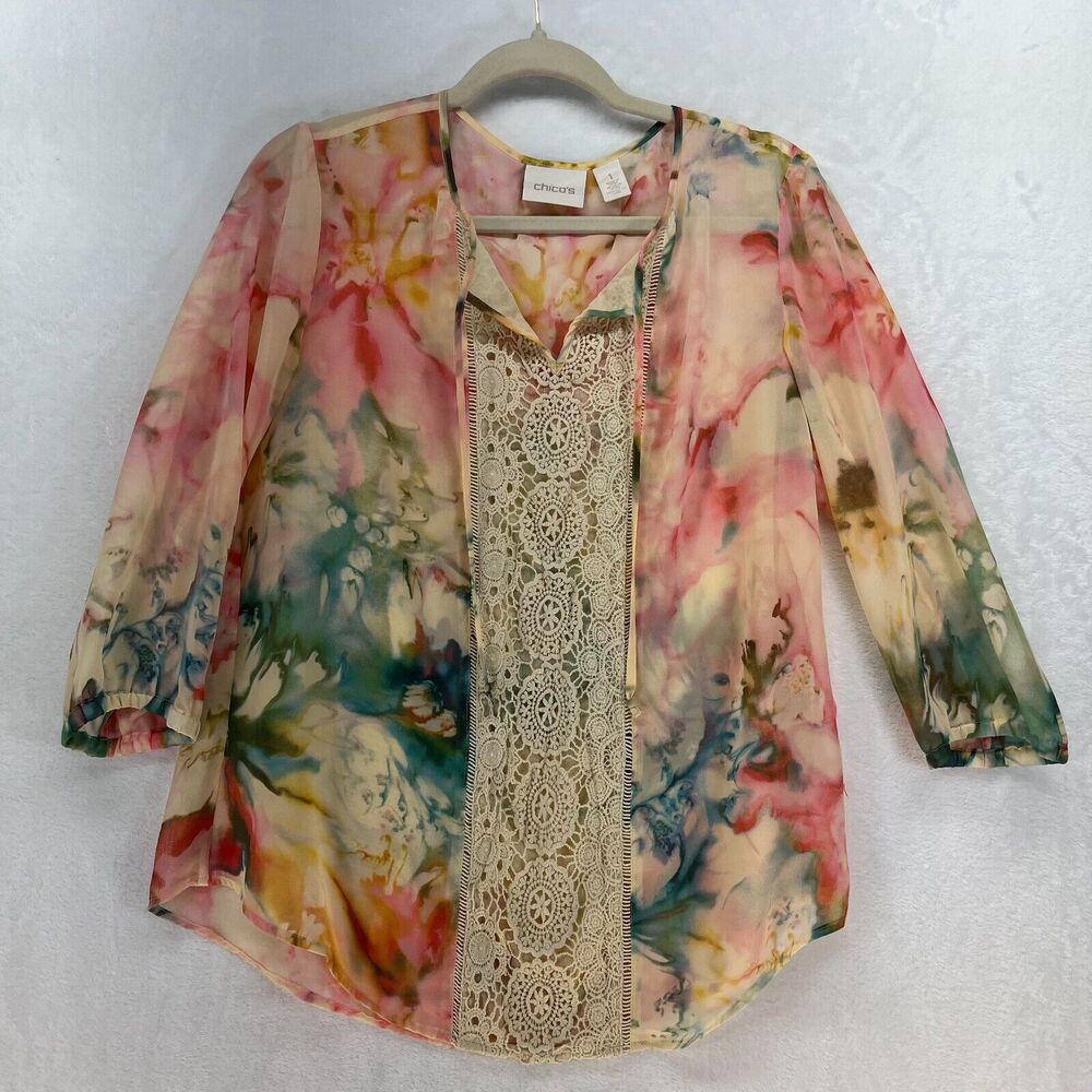 Chicos Floral Lynelle 3/4 Sleeve Top Women's sz 1‎ (medium) Sheer Watercolor